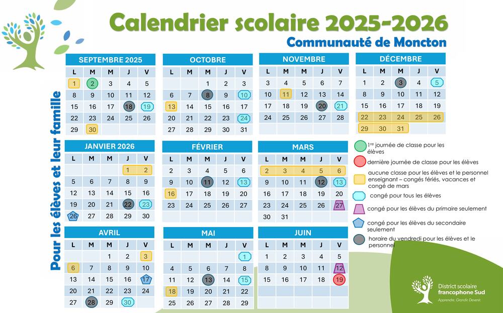 Calendriers scolaires 2025 2026 Moncton